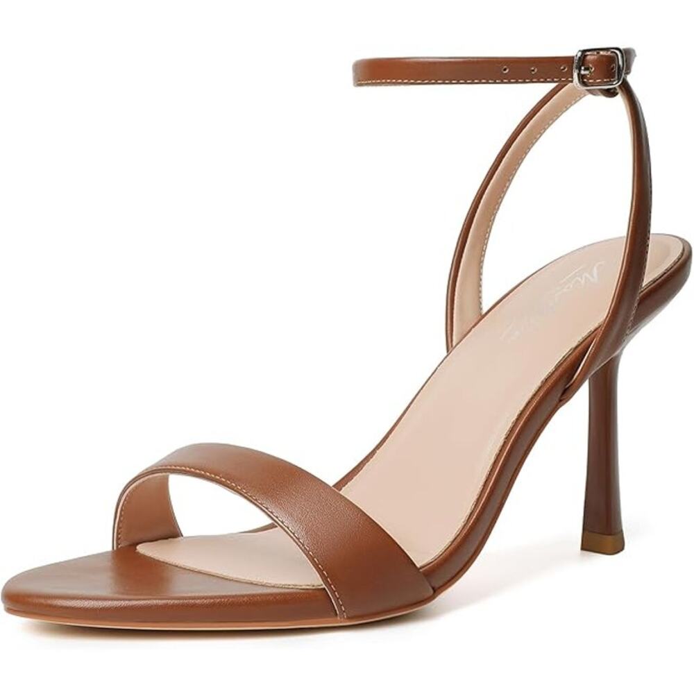 Mostrin Womens Size 8 Cognac Brown 4" Heel Open Toe Ankle Strap Stiletto Shoes